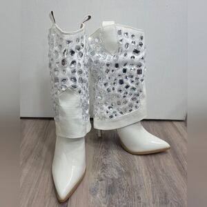 Lauren Lorraine Hana White Rhinestone Stiletto Cowboy Boot Size 8 -  New In Box